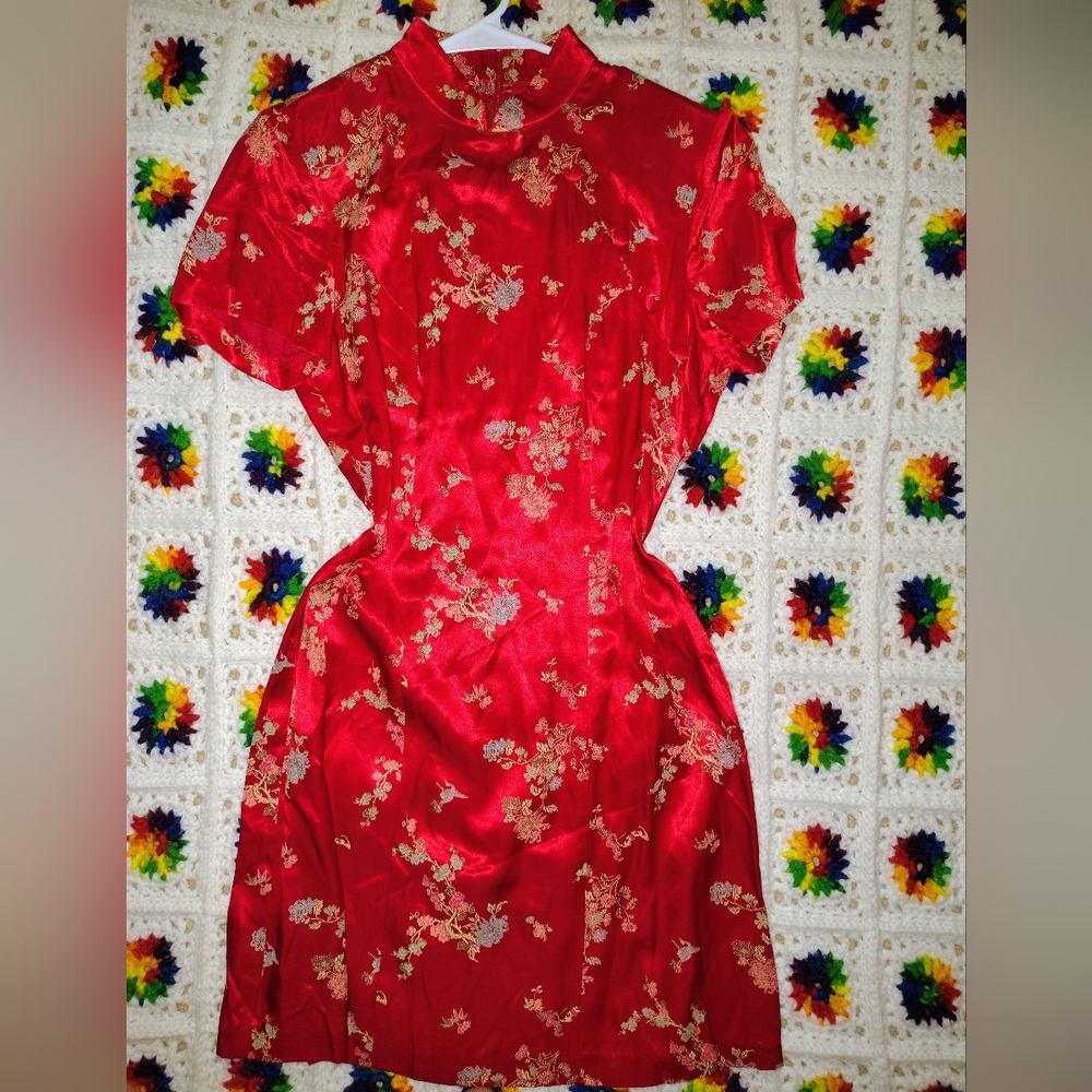 Red Floral Satin Cheongsam Dress